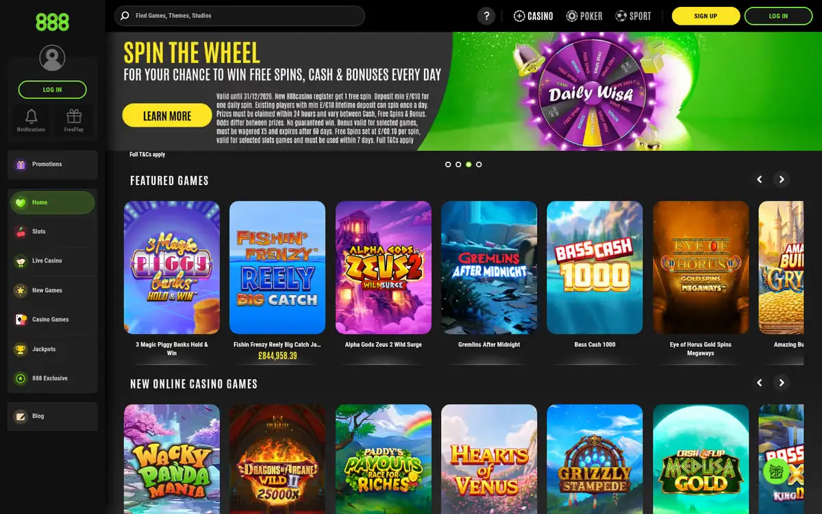 888 Casino homepage: the Daily Wish prize wheel banner, the menu of slots, live casino, new games, casino games, jackpots and 888 Exclusive, and featured slot tiles. Captured September 2026
