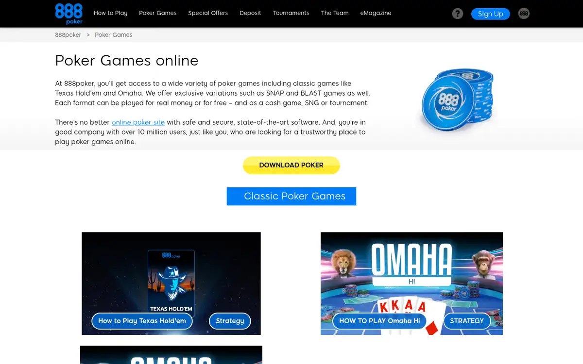 888poker poker games page: the Poker Games page naming Texas Hold'em, Omaha, SNAP and BLAST, with a Download Poker button. Captured September 2026