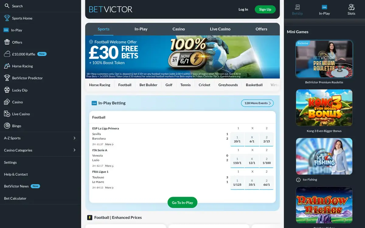 BetVictor homepage: a football free-bets banner, sports shortcuts and in-play football prices. Captured September 2026