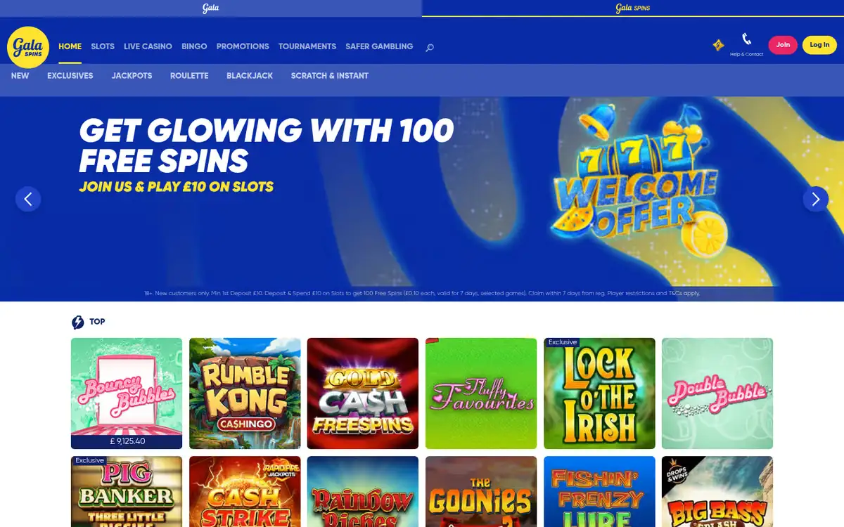 Gala Spins homepage: a free-spins banner over slot tiles. Captured August 2026
