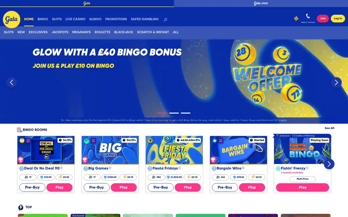 Gala Bingo homepage: a bingo bonus banner over bingo rooms. Captured August 2026