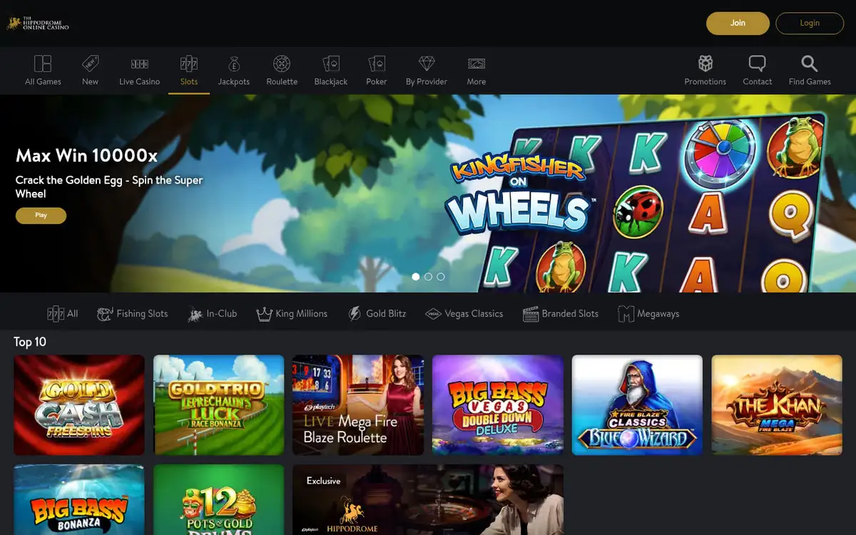 Hippodrome Online slots page: the slots lobby with Megaways, Fishing Slots, Gold Blitz and King Millions sections and a top ten including Big Bass Bonanza and an exclusive Hippodrome live roulette tile. Captured August 2026