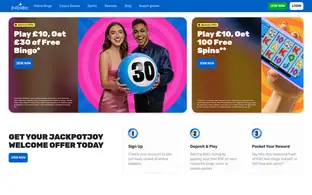 Jackpotjoy homepage: a bingo ball beside a free-spins offer. Captured September 2026