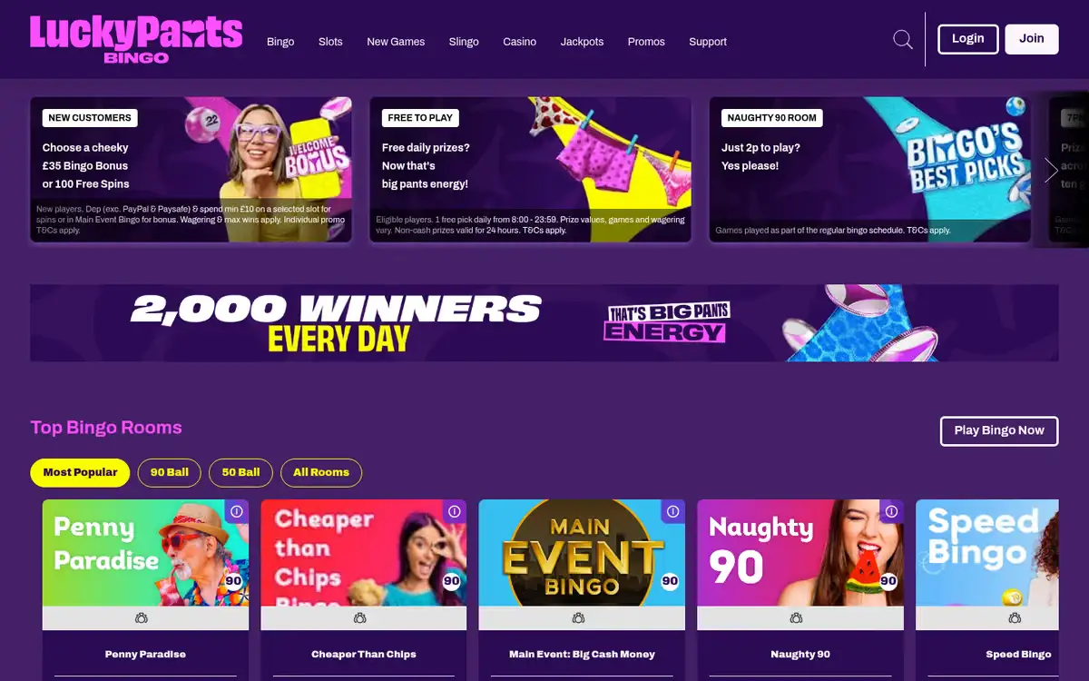 Lucky Pants Bingo homepage: bingo rooms. Captured September 2026