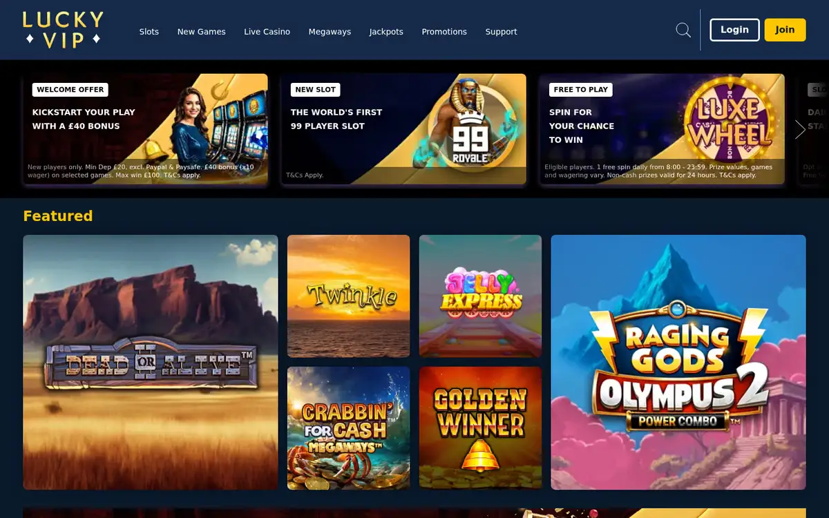 Lucky VIP homepage: slot tiles and promotions. Captured September 2026