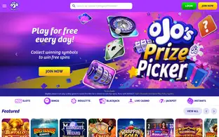 PlayOJO homepage: a free daily game banner, the menu of slots, bingo, roulette, blackjack, live casino, jackpot and instants, and featured game tiles. Captured September 2026