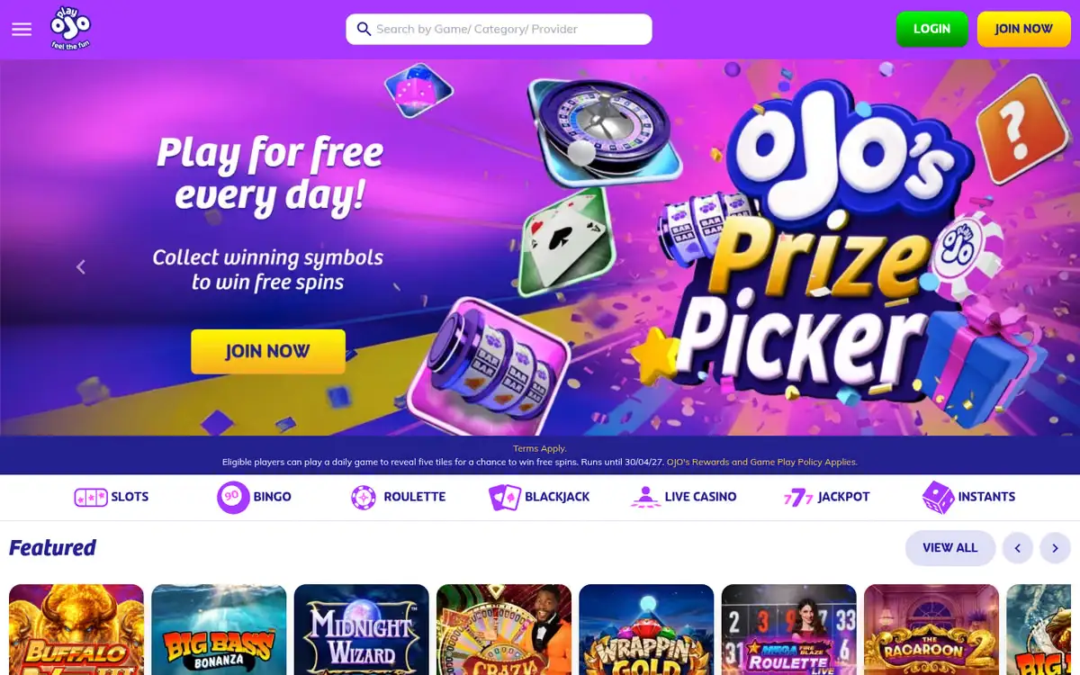 PlayOJO homepage: a free daily game banner, the menu of slots, bingo, roulette, blackjack, live casino, jackpot and instants, and featured game tiles. Captured September 2026