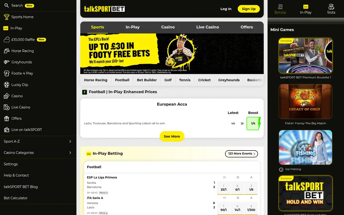 talkSPORT BET homepage: a football free-bets banner, sports shortcuts, an enhanced-price acca and in-play football prices. Captured September 2026