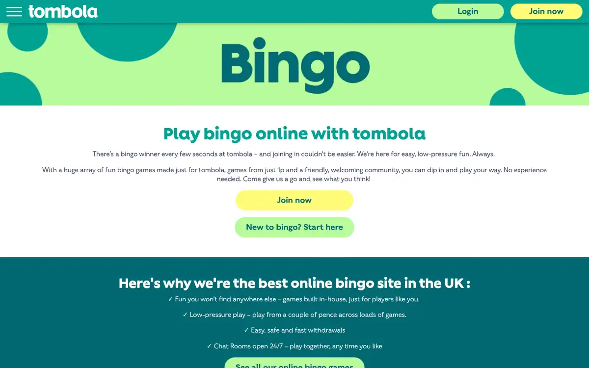 tombola bingo page: the Bingo heading over the line about games from just 1p, with chat rooms open 24/7. Captured August 2026